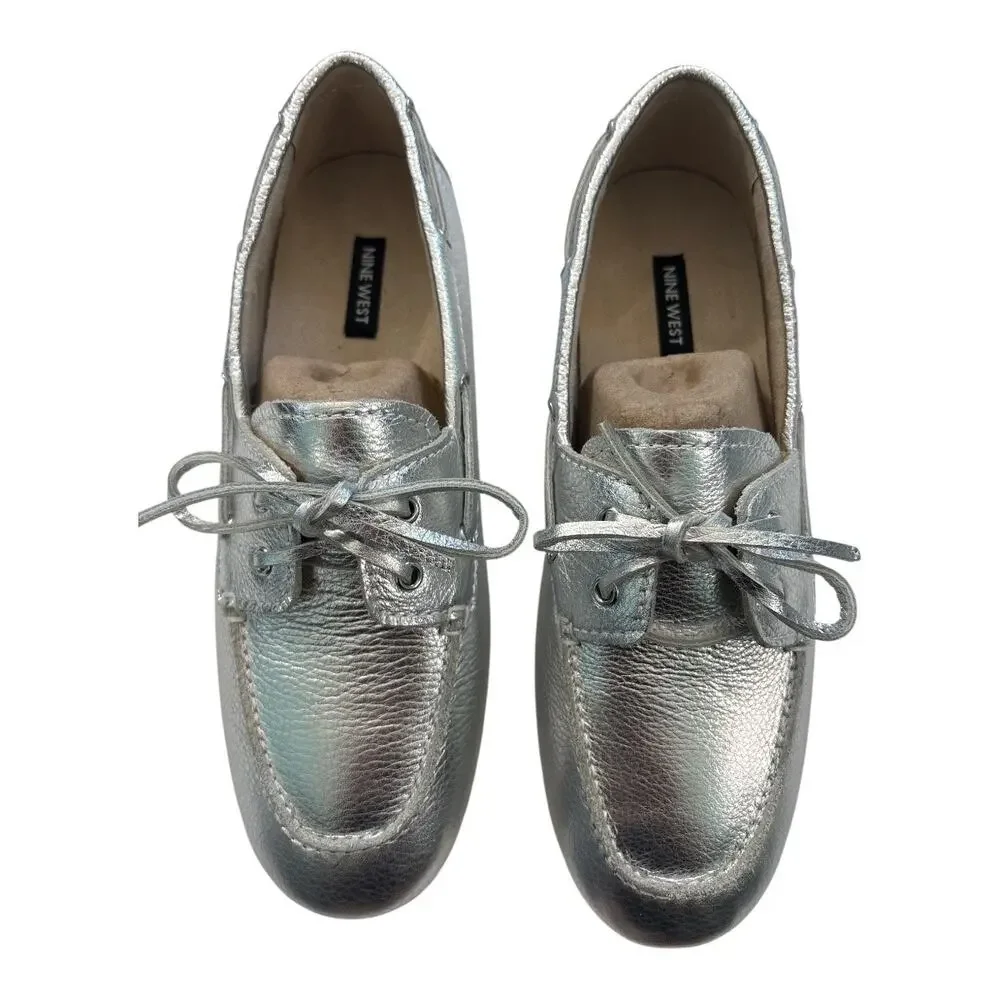 Nine West Women's Yacht Slip-On Boat Shoes Silver Leather Size 9 1/2 Loafers